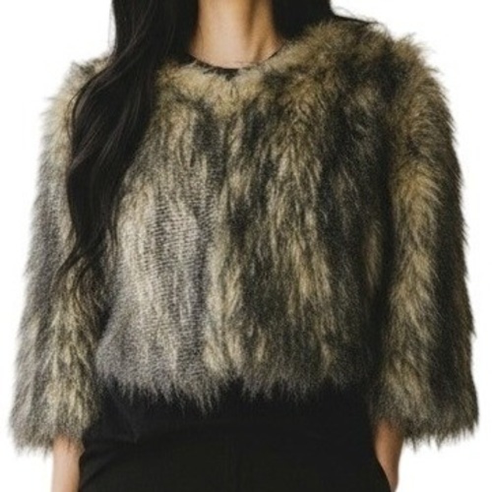 W118 BY WALTER BAKER Jana Faux Fur Charcoal & Cream Cropped Jacket NWOT Medium